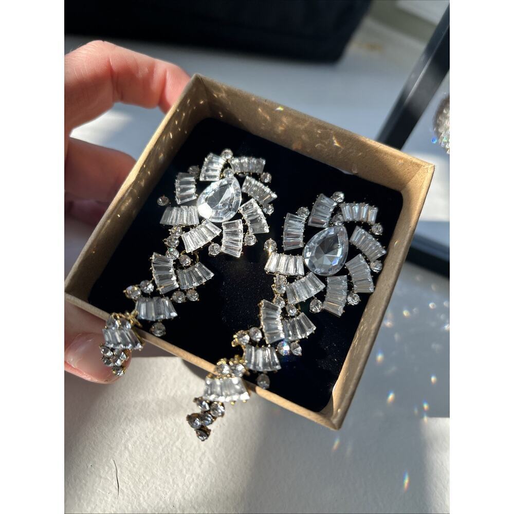 Pageant Prom Earrings Large Rhinestone Crystal Silver Clear Lot Drag Chandelier - Picture 6 of 13